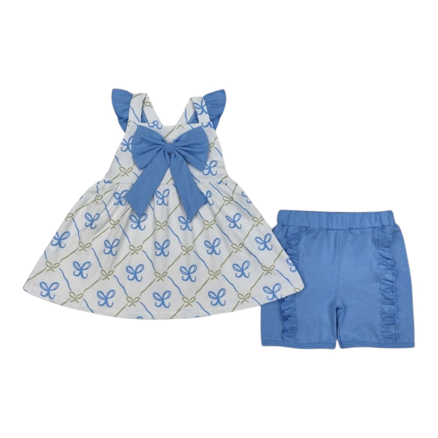 Blue Bow Ruffle Shorts Set