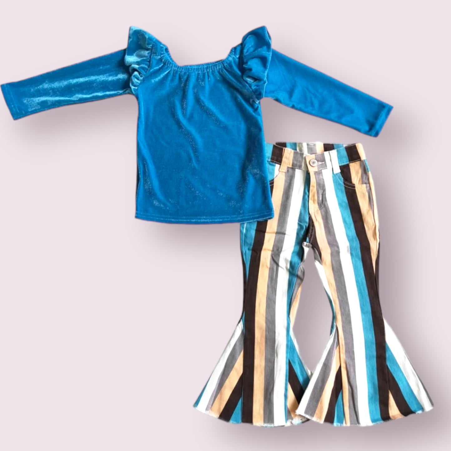 Blue Velvet Top and Striped Flare Denim Set