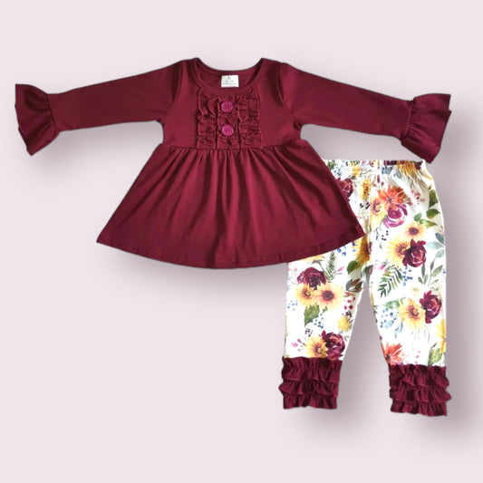 Maroon & Floral Ruffle  Outfit