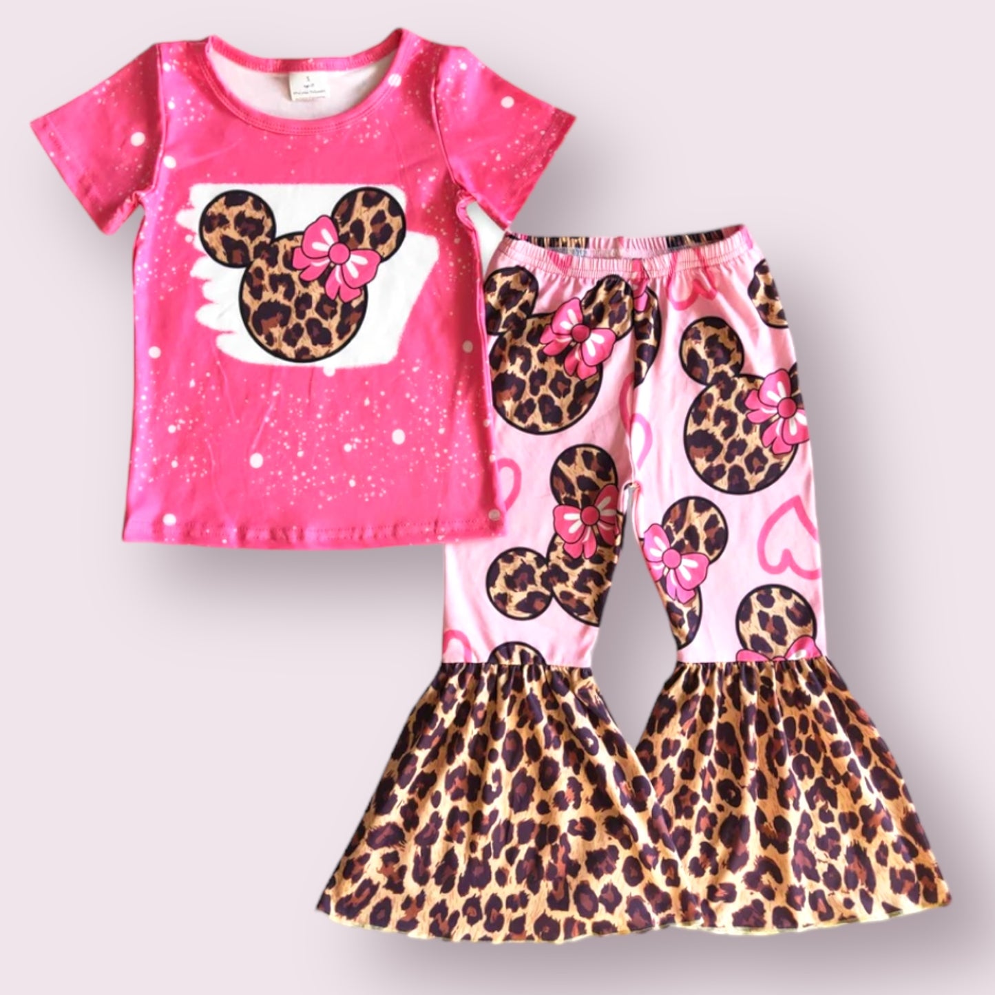 Pink and Leopard Mouse Top and Print Bell Pants